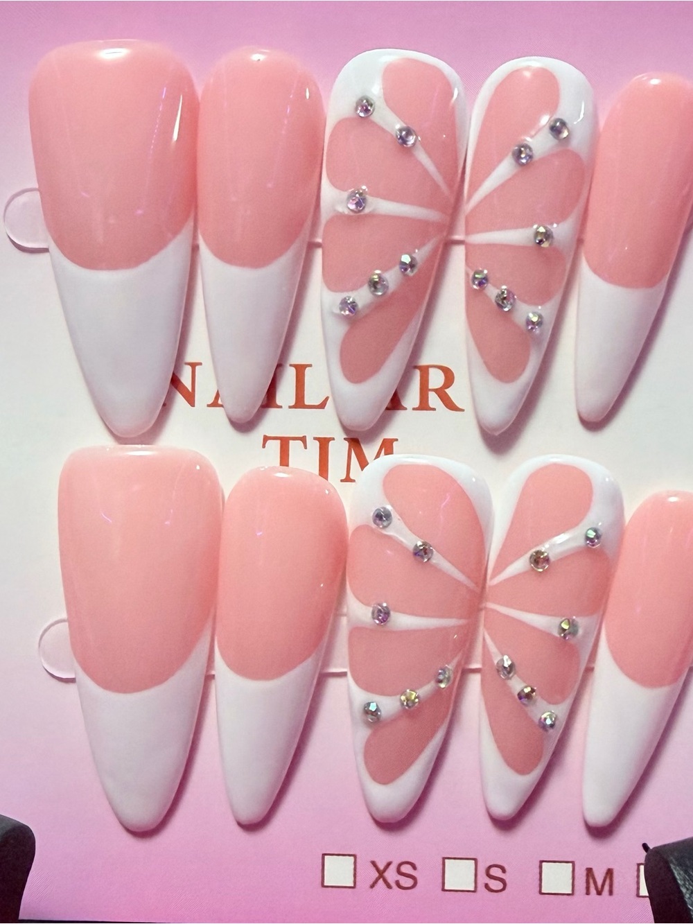 Pink and White Rhinestone Swirl Press-On Nail Set